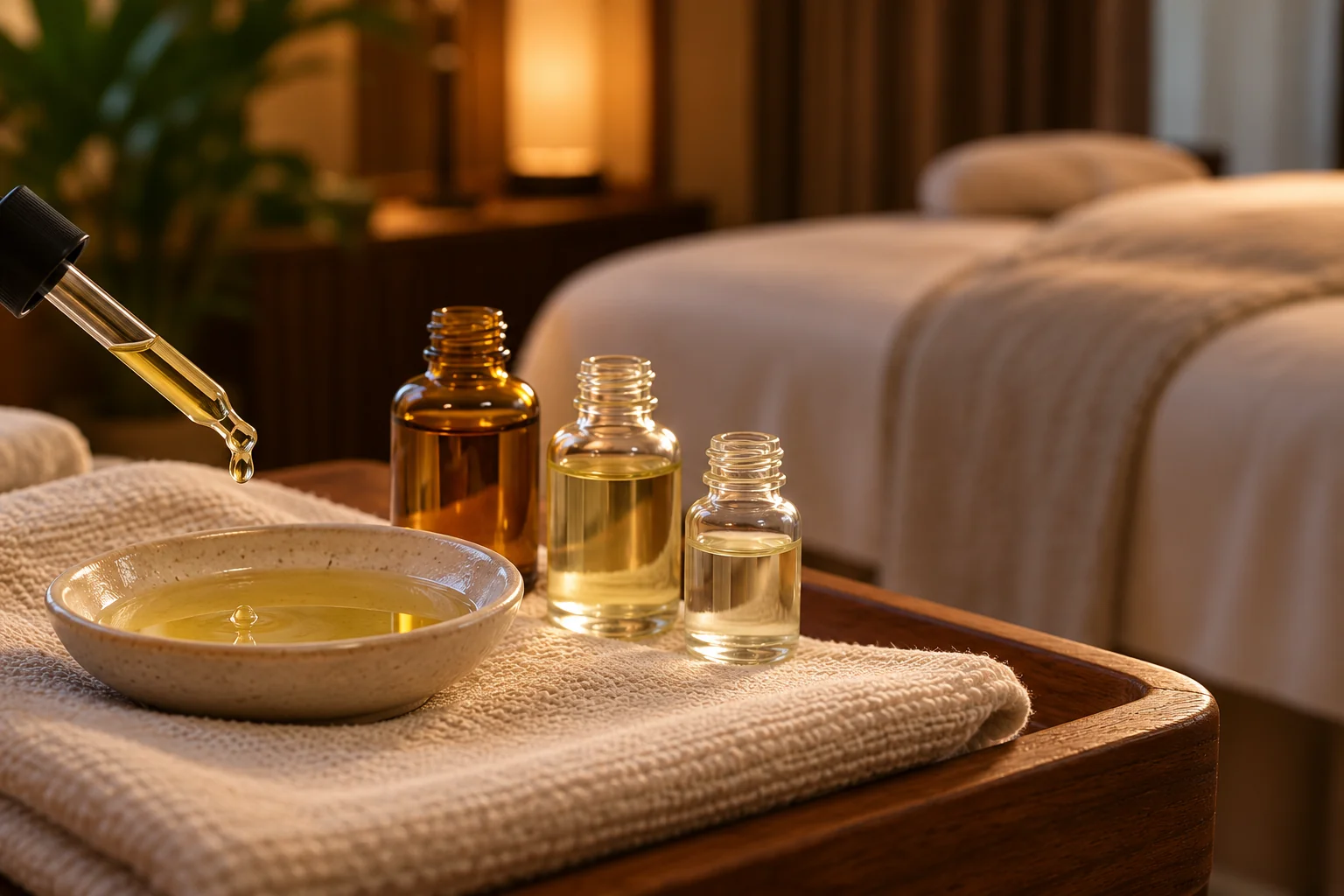 Essential oils being blended into a neutral base oil before an aromatherapy massage