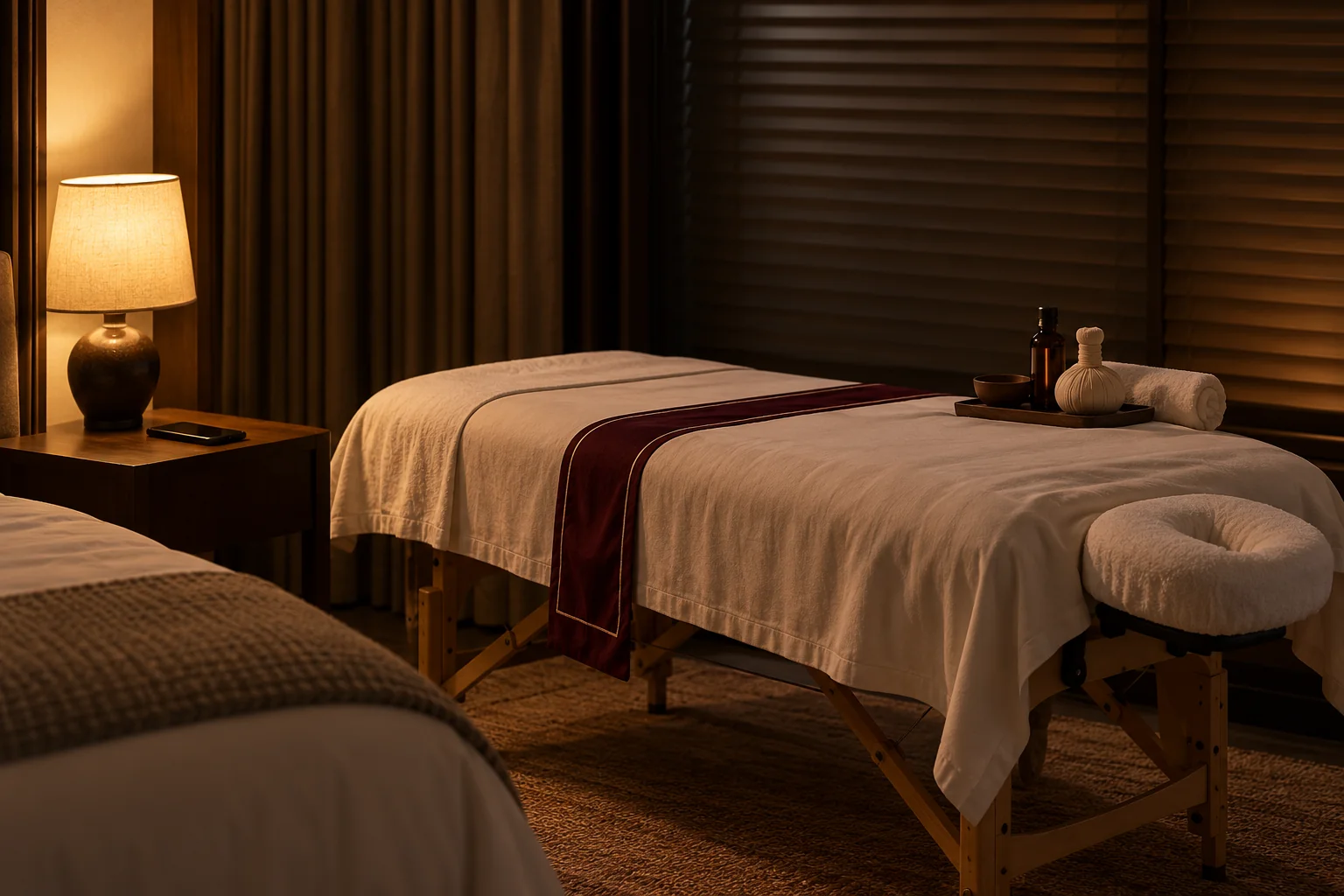 A dimly lit Bangkok bedroom prepared for an evening aromatherapy massage