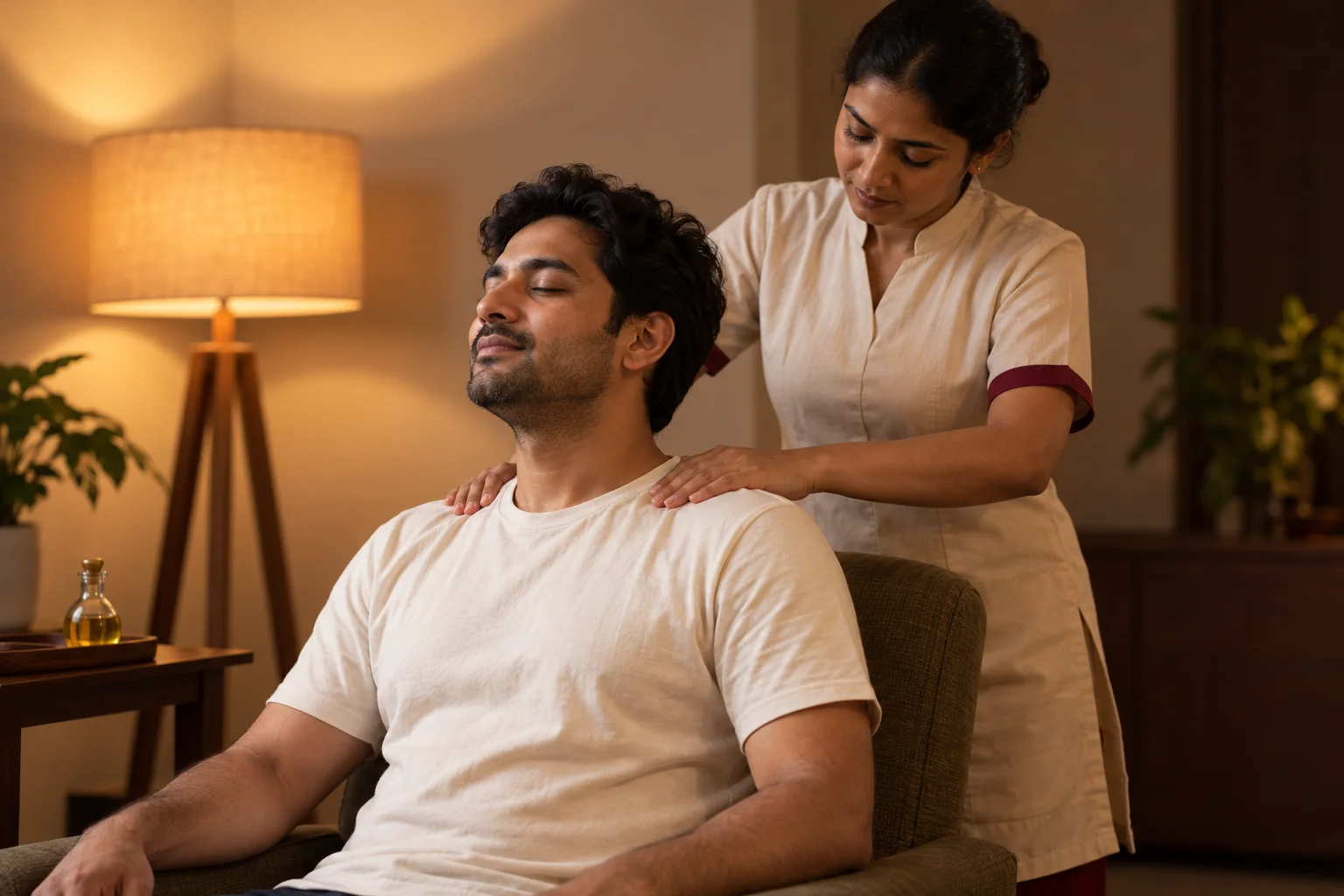Slow, light, repetitive strokes across the shoulders during an aromatherapy massage