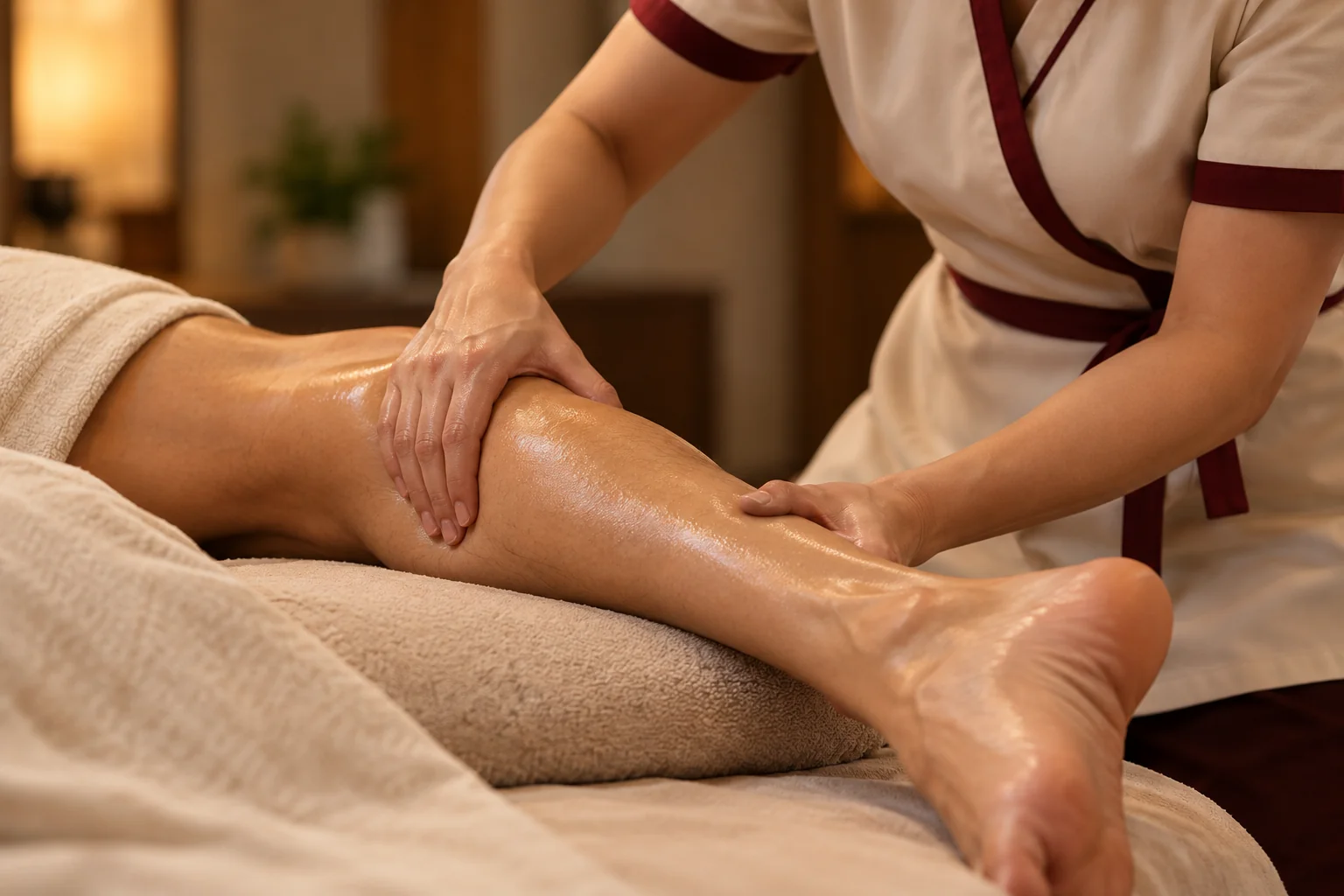 A therapist working the calf and ankle of a seated guest with warm oil