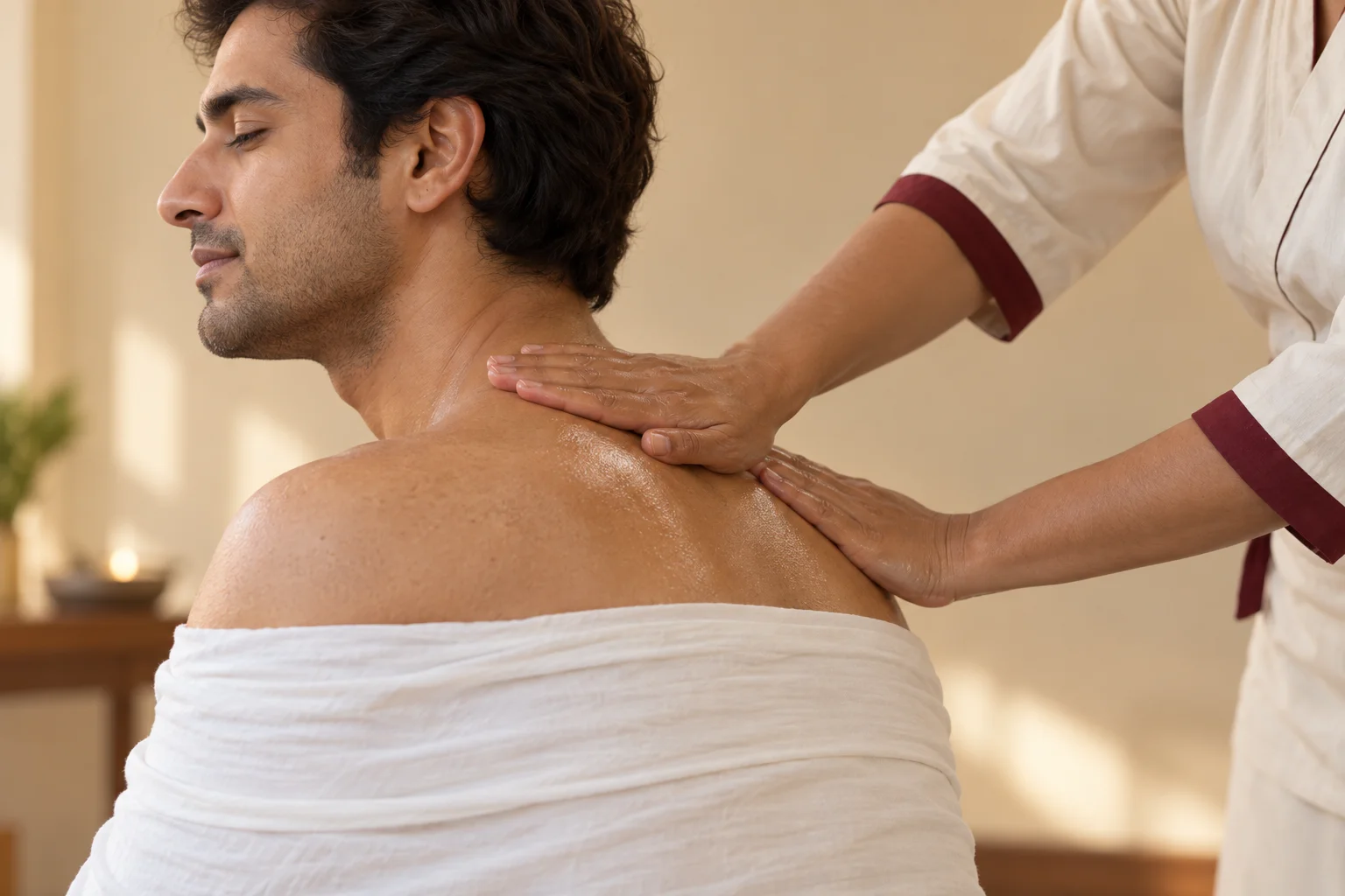 Long flowing strokes along the back during an oil massage on a table