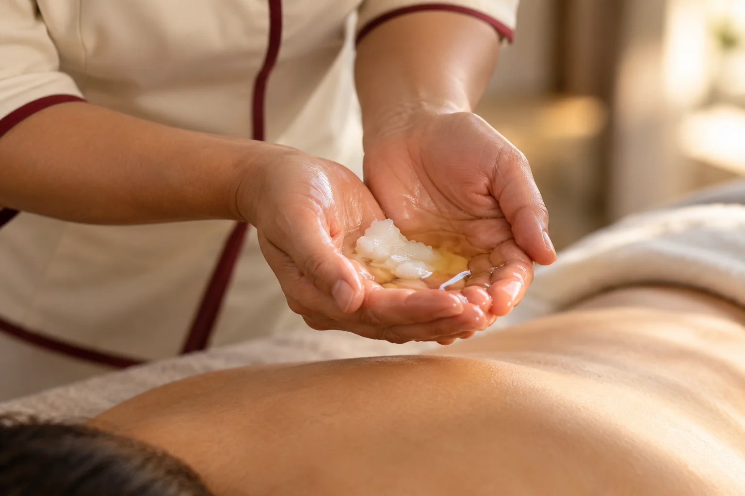 Coconut oil melting from solid to liquid in a massage therapist's hands