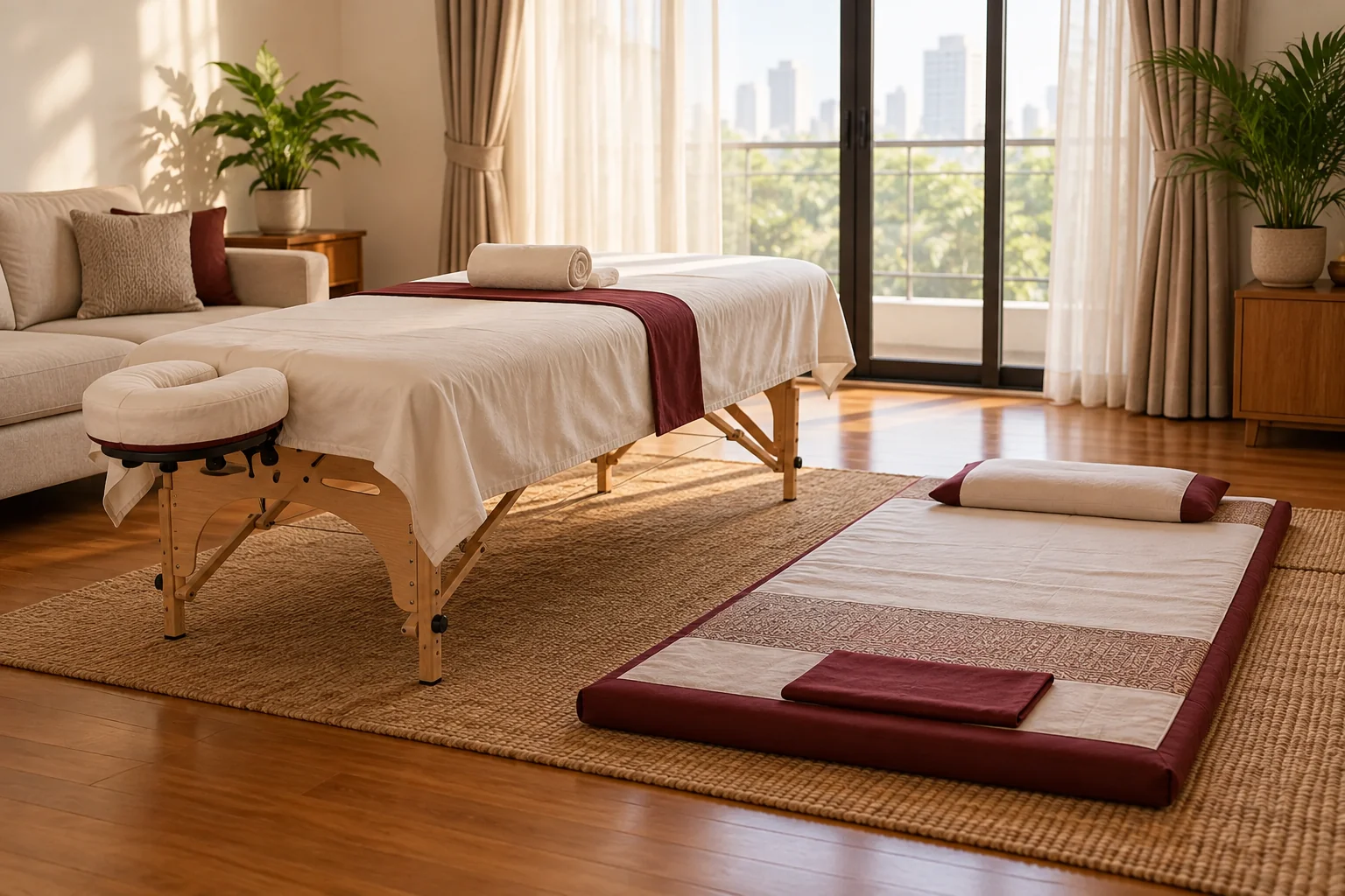One massage table and one floor mat arranged in a small Bangkok living room