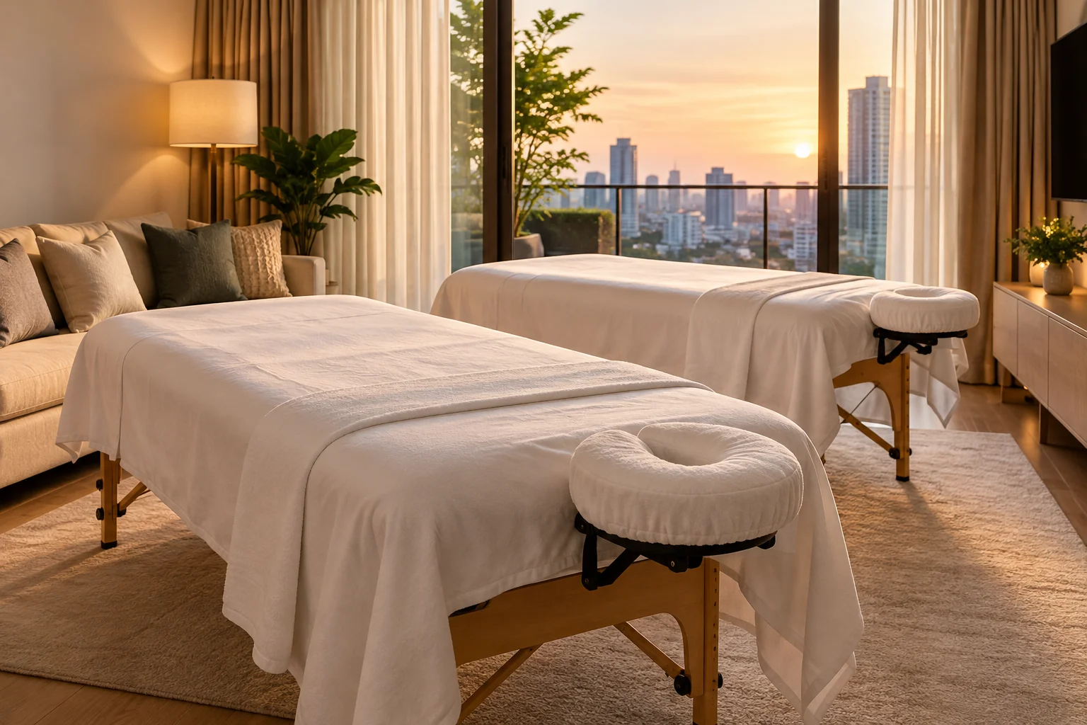Two massage tables set up side by side in a Bangkok condominium living room