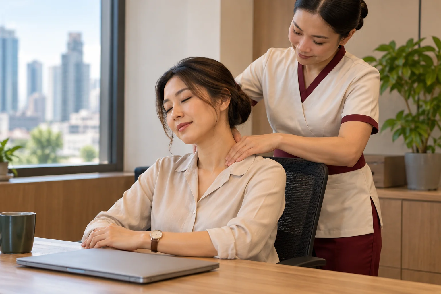 Targeted neck and shoulder work on a seated office worker beside their own desk