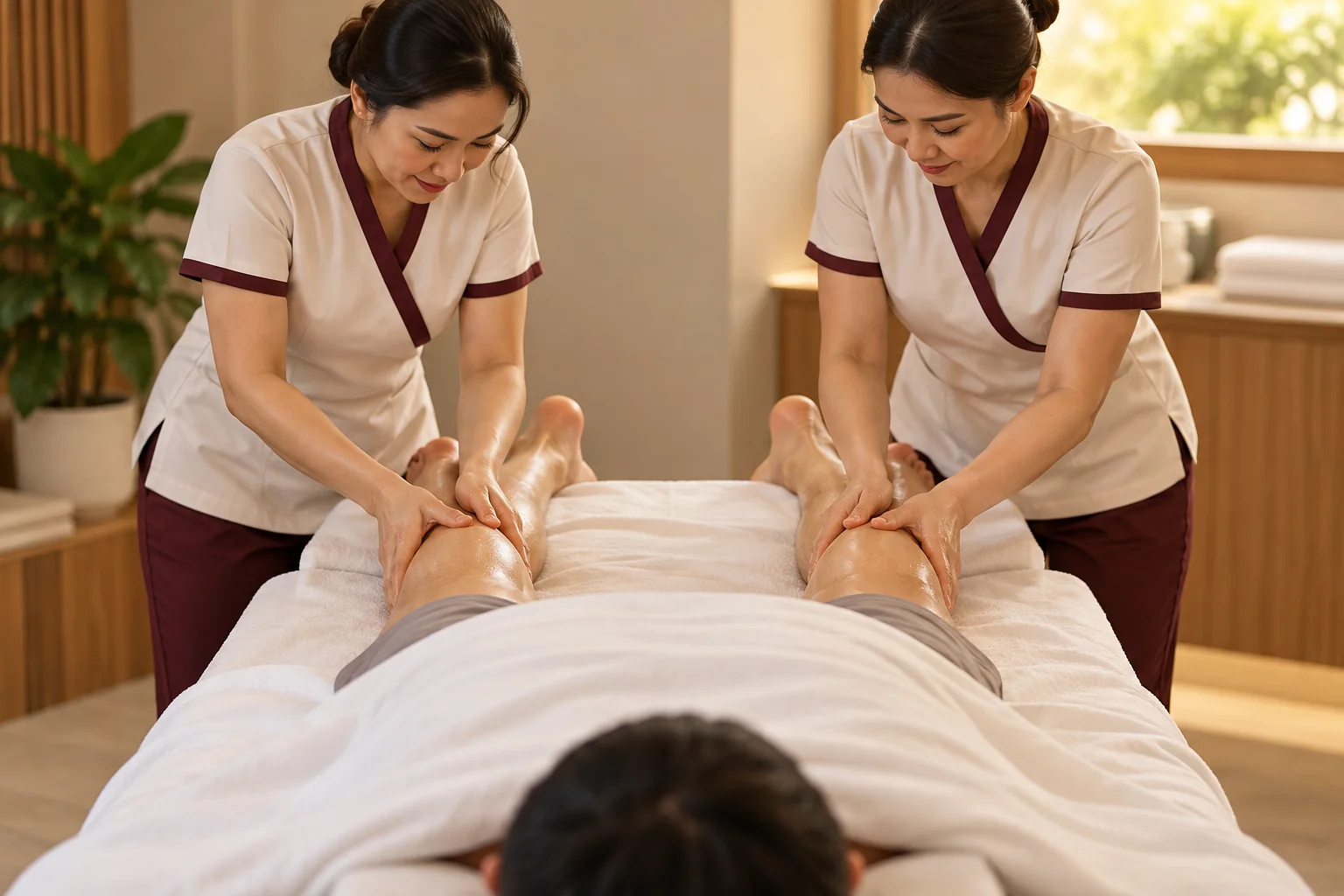 Two therapists working the legs of one guest simultaneously, mirroring each other