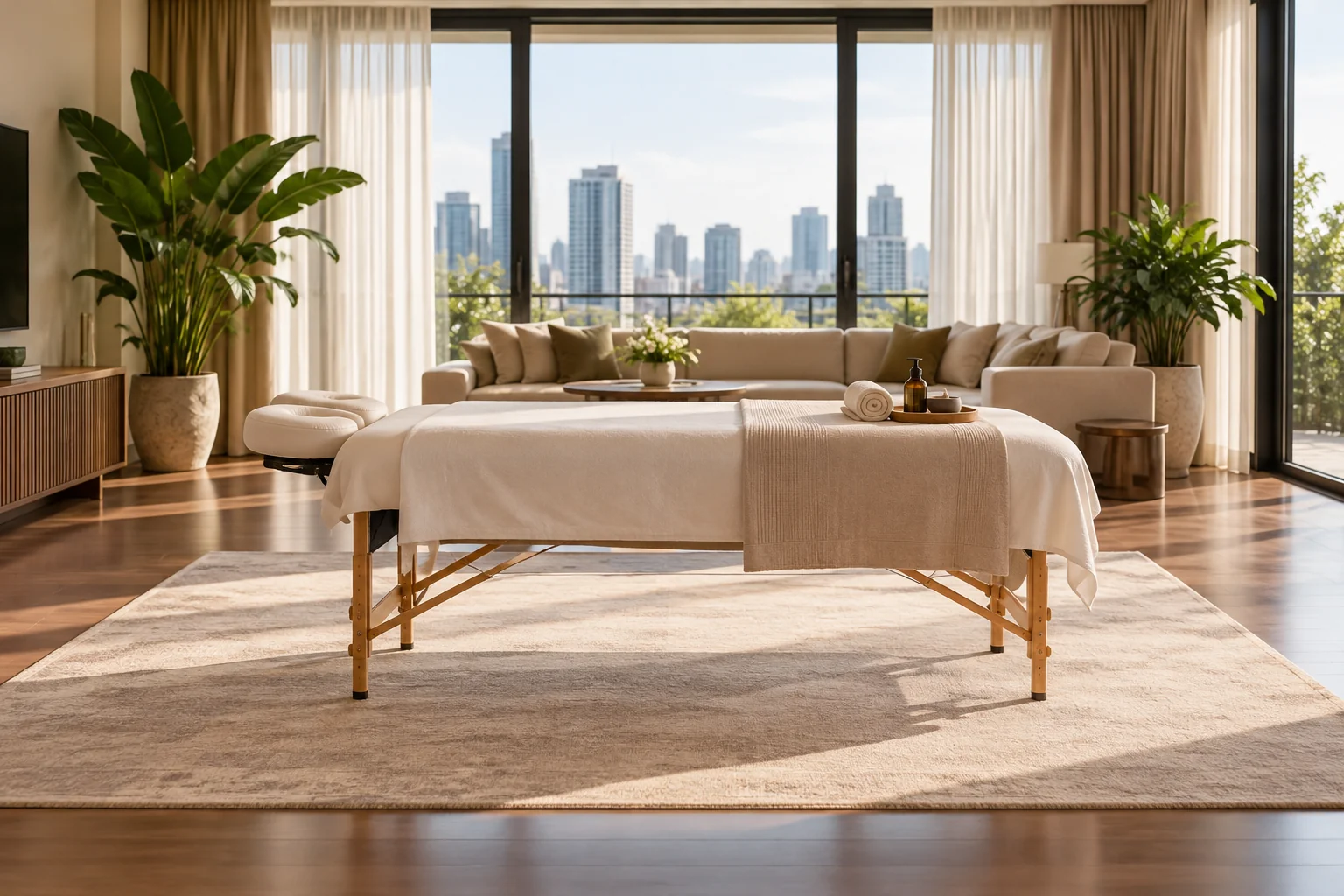 A single massage table with clear standing room on both sides in a Bangkok home
