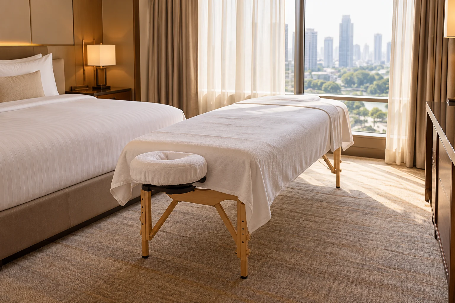 A folding massage table set up in the clear floor space of a Bangkok hotel room