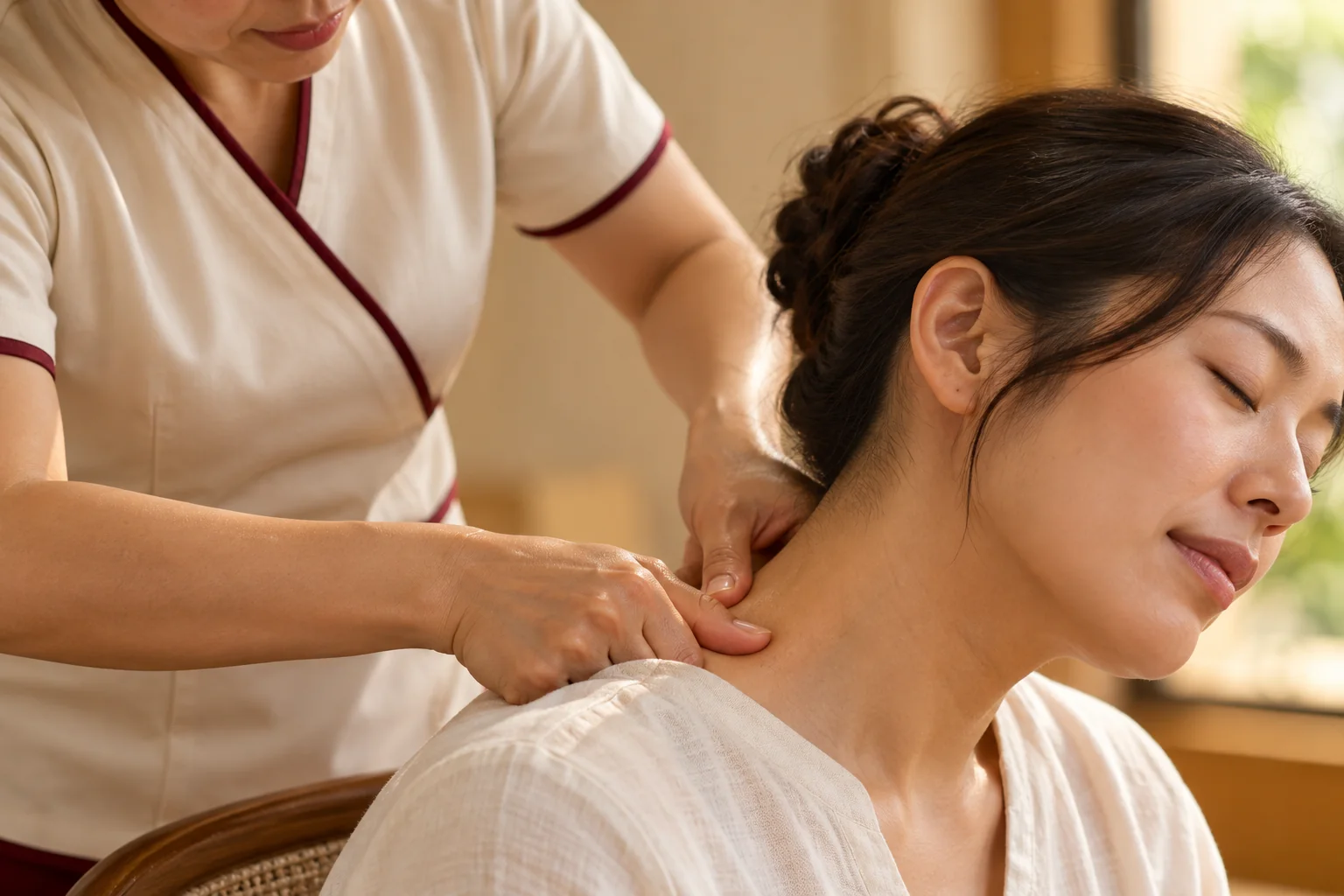 A therapist working the upper trapezius and base of the neck of a seated guest