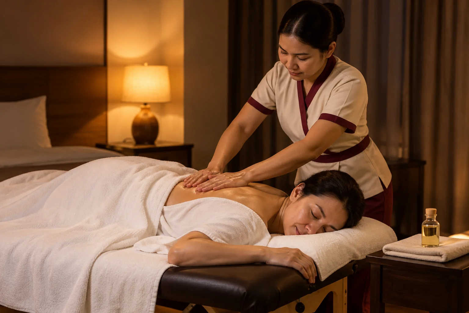 A slow evening aromatherapy massage on a portable table lit by a single lamp