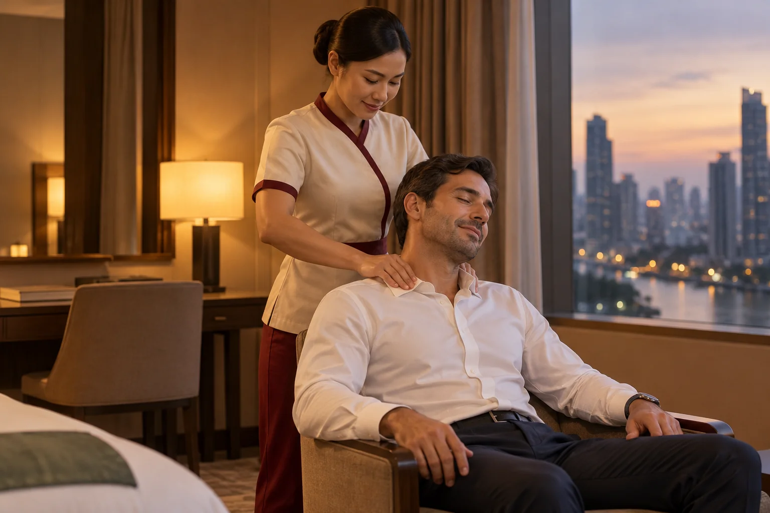 Seated neck and shoulder treatment for a guest in a Bangkok hotel room at dusk