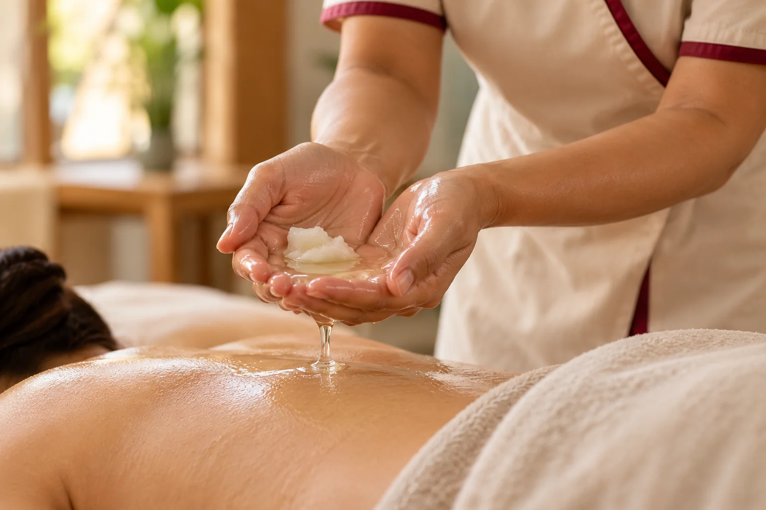 Coconut oil melting in cupped hands above an oiled back during a massage