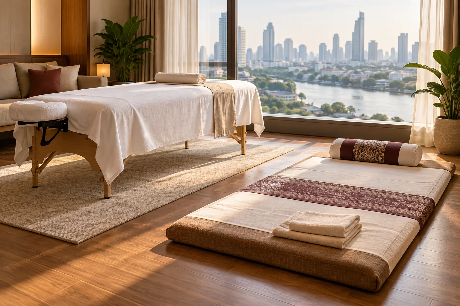같은 방에 나란히 준비된 마사지 베드와 전통 타이 매트