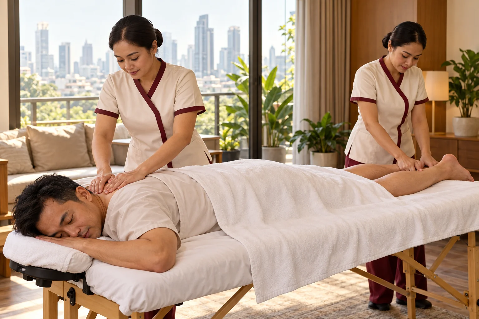 Two therapists working on one guest at the same time during a four hands massage
