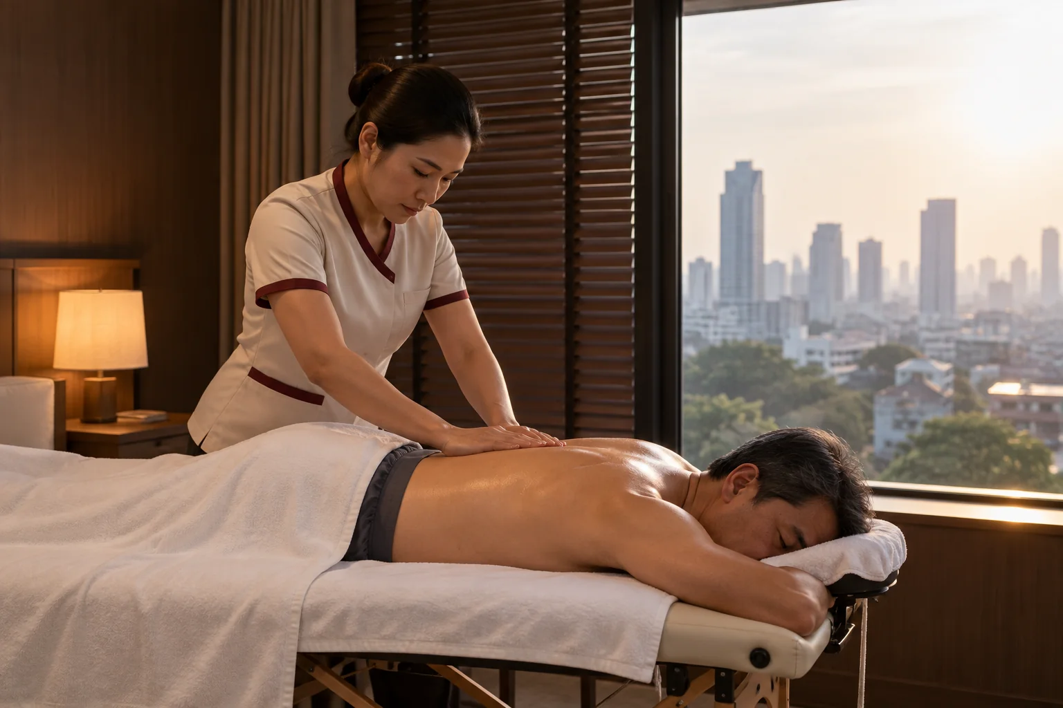 การนวดน้ำมันเบา ๆ ในห้องนอนที่เปิดแอร์ในกรุงเทพฯ โดยมีท้องฟ้าร้อนอยู่หลังมู่ลี่