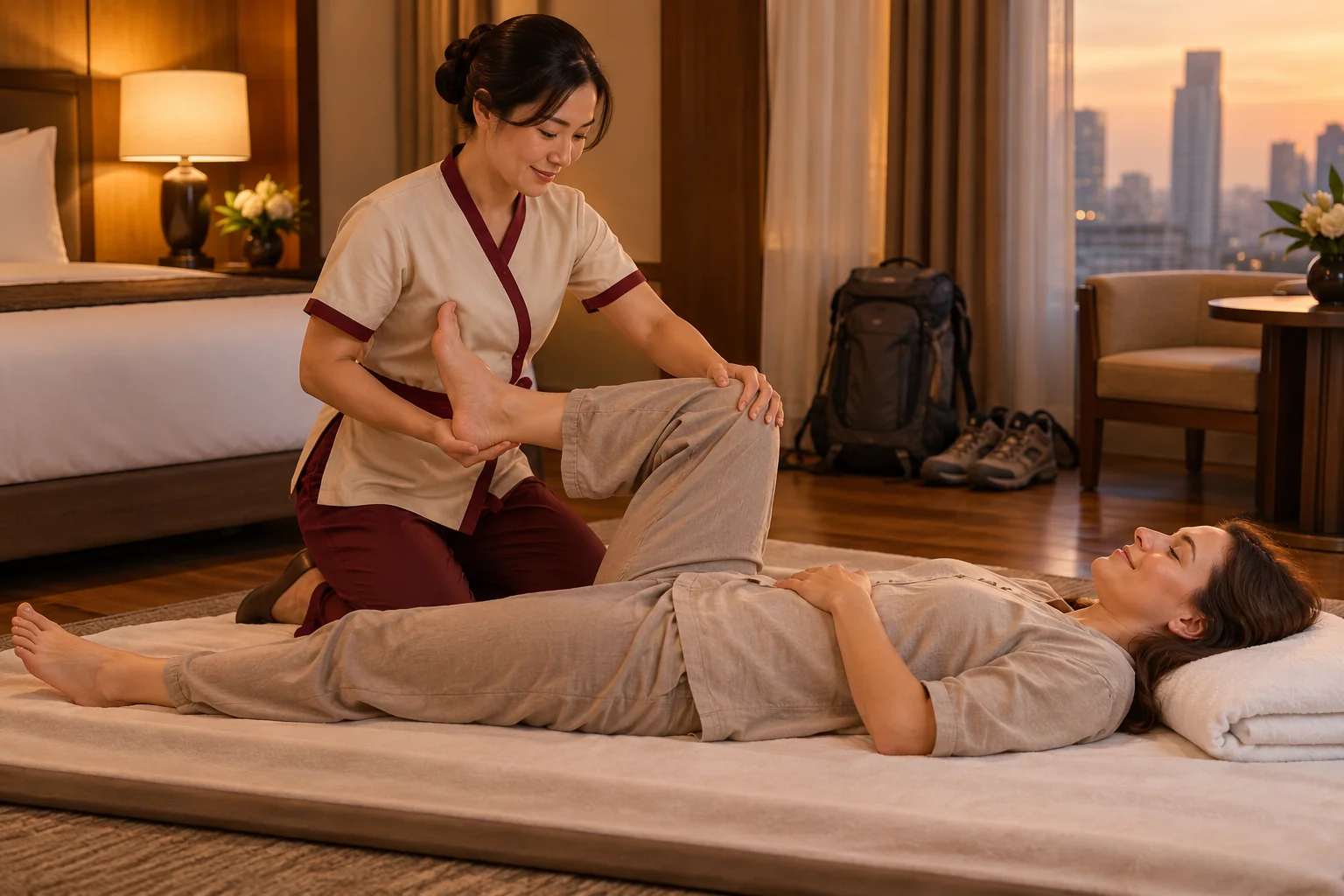 Traditional Thai massage on a floor mat in a Bangkok hotel room after a day of walking