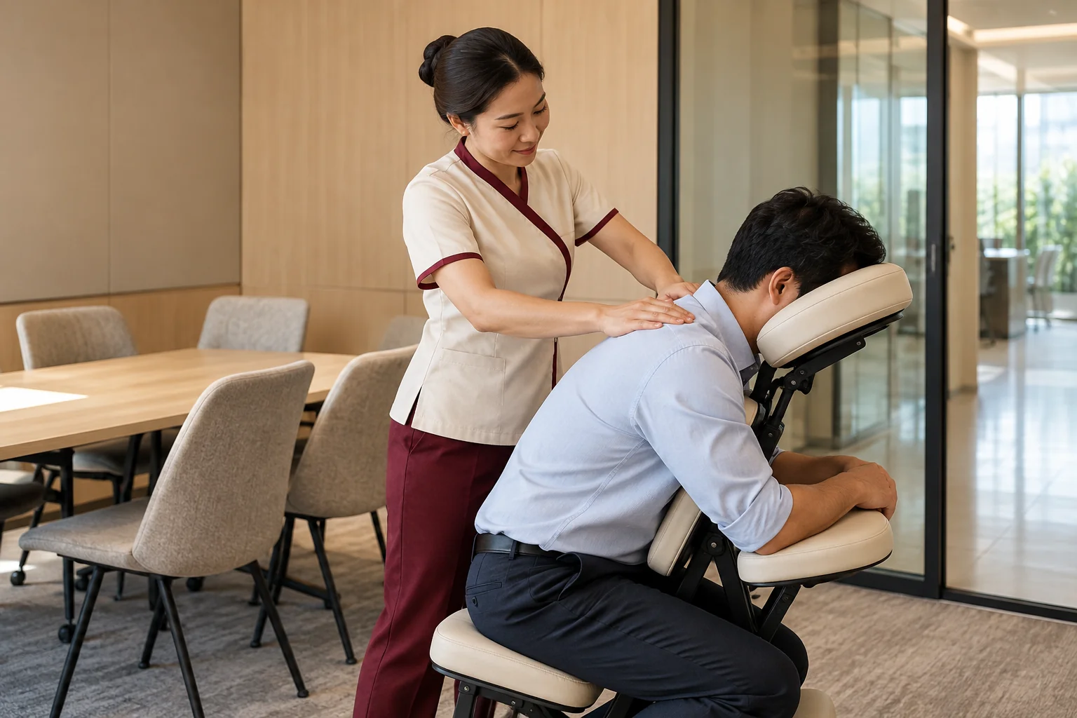 Chair massage set up in a small meeting room in a Bangkok serviced office