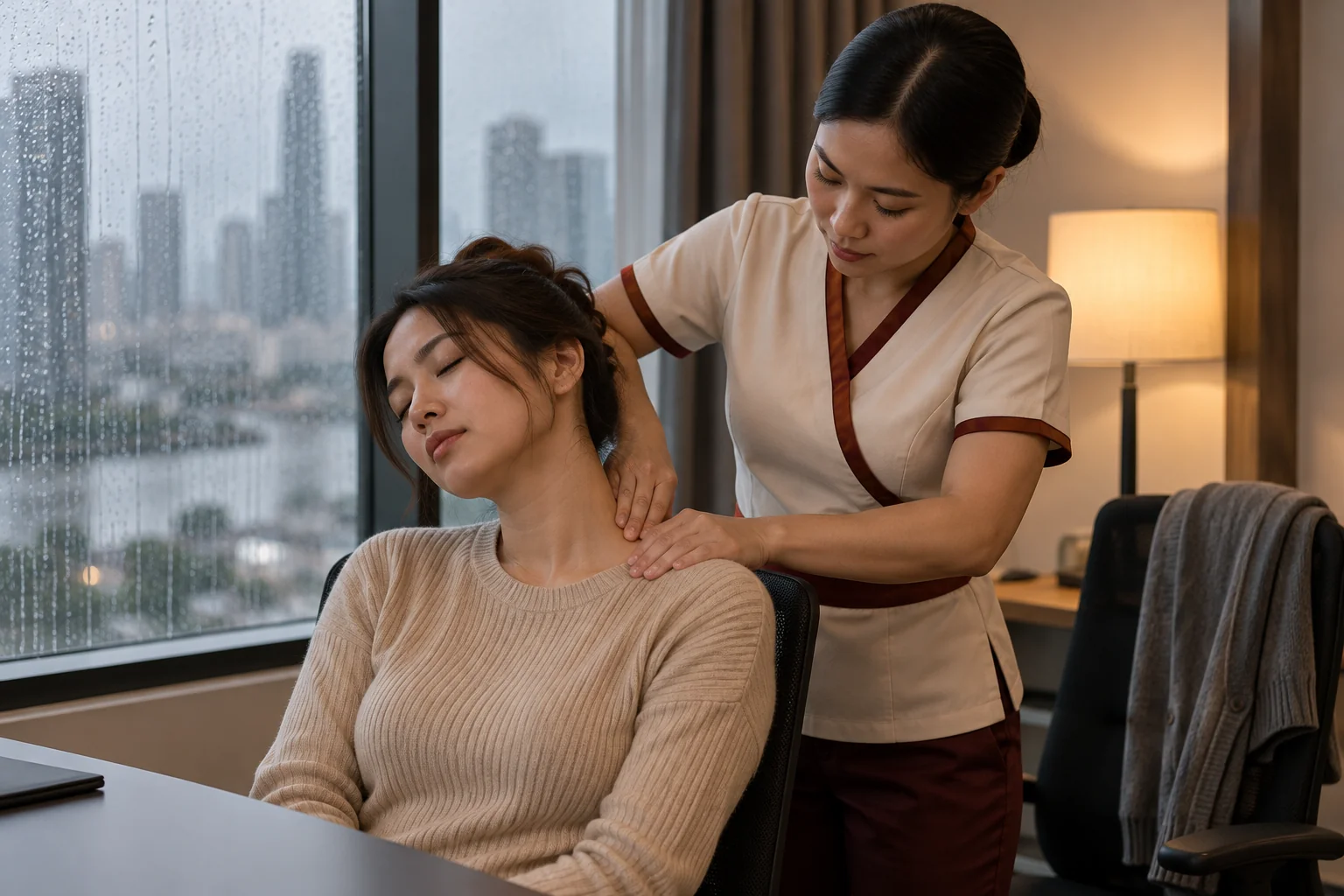 One-sided neck and shoulder work at a desk on a wet Bangkok afternoon