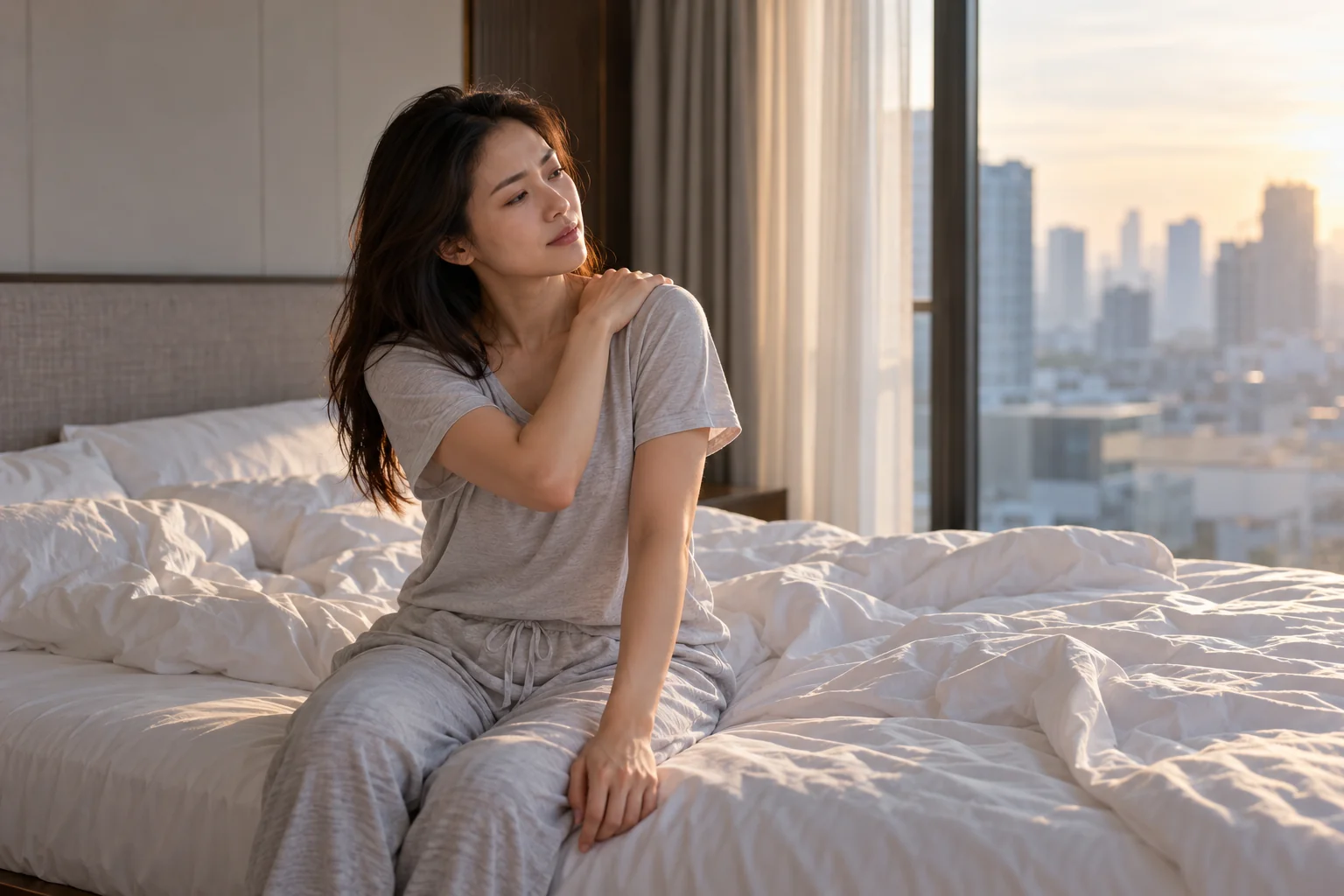 하루를 시작하기 전 침대 가장자리에 앉아 느끼는 이른 아침의 뻣뻣함