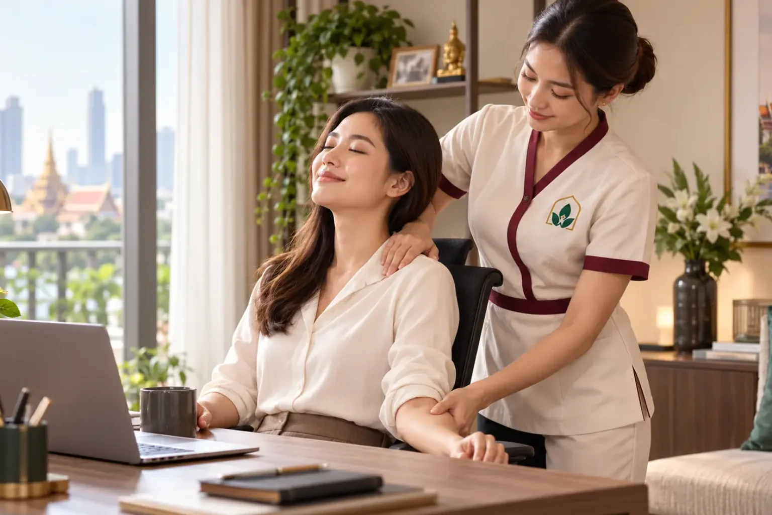 Office syndrome massage at a desk in Bangkok, working the neck and shoulders