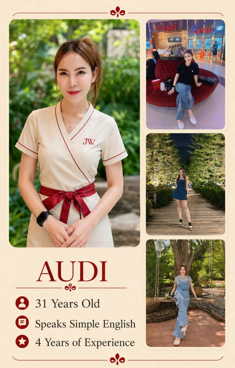 Audi — Jewel Wellness Therapist. Profile card with photographs and details.