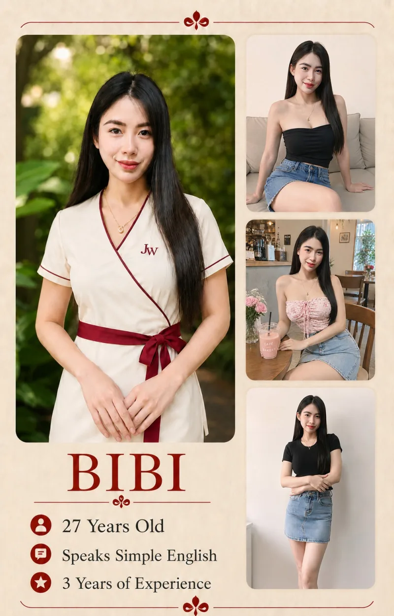 Bibi — Jewel Wellness Therapist. Profile card with photographs and details.