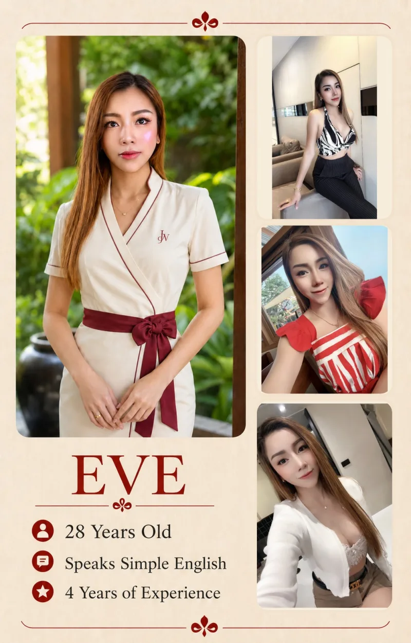 Eve — Jewel Wellness Therapist. Profile card with photographs and details.