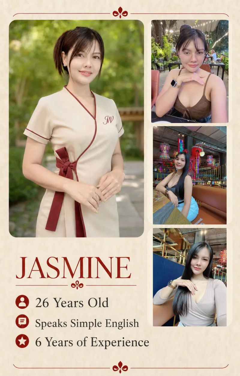 Jasmine — Jewel Wellness Therapist. Profile card with photographs and details.