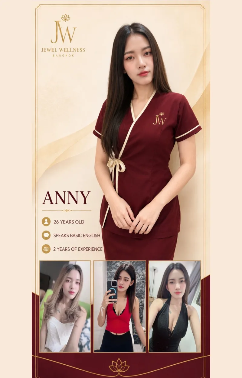 Anny — Jewel Wellness Therapist. Profile card with photographs and details.