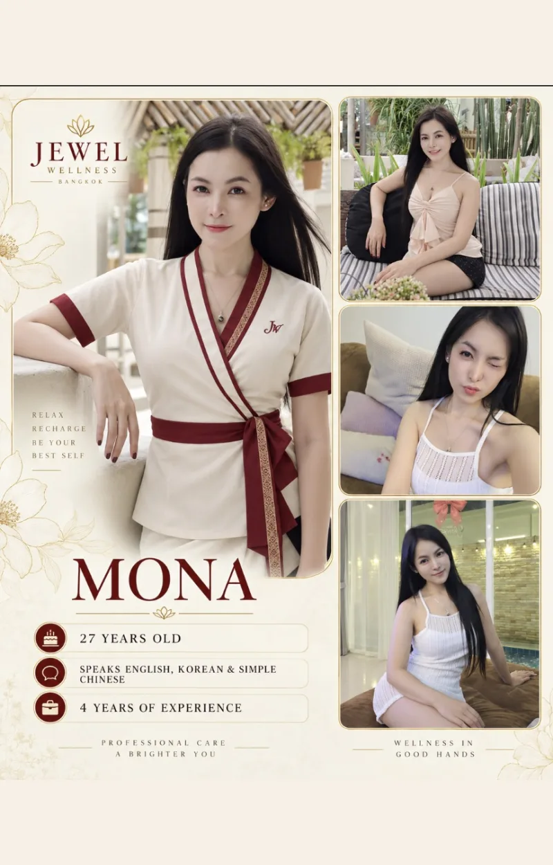 Mona — Jewel Wellness Therapist. Profile card with photographs and details.
