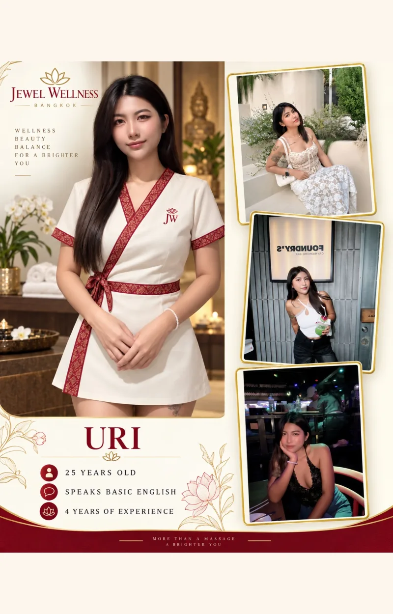 Uri — Jewel Wellness Therapist. Profile card with photographs and details.