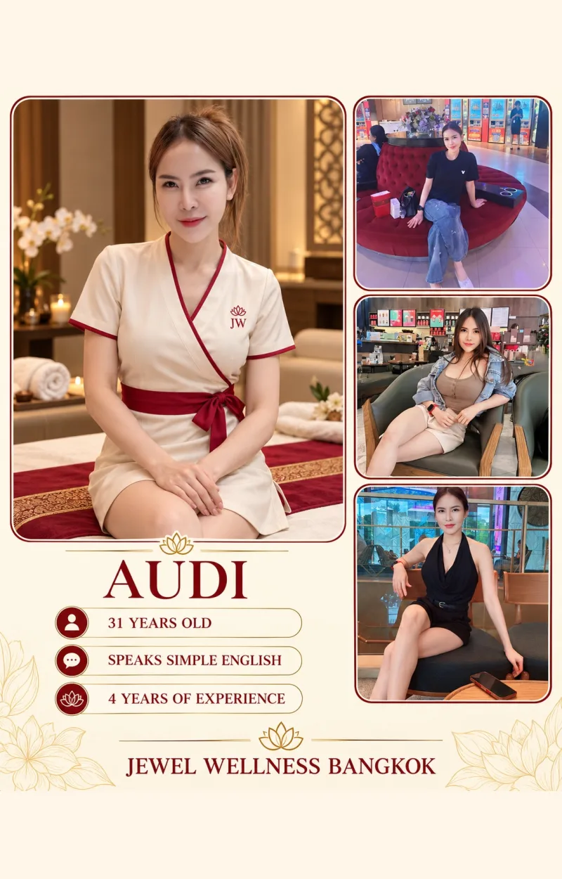 Audi — Jewel Wellness の施術者。写真と詳細を掲載したプロフィールカード。